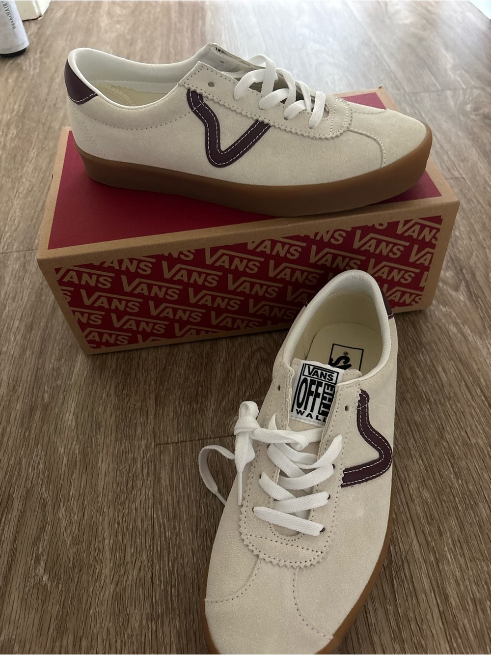 Vans Sport Low Unisex Cream Suede Sneakers with Maroon Side Stripe and Gum Sole - Picture 3 of 5